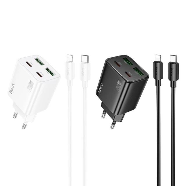 Мережевий зарядний пристрій Hoco N55 2×USB-C + 2×USB-A QC3.0 PD 20W + кабель USB-C to Lightning White (6942007659253)
