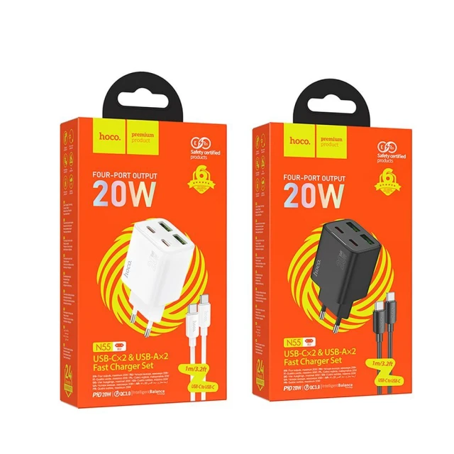 Мережевий зарядний пристрій Hoco N55 2×USB-C + 2×USB-A QC3.0 PD 20W + кабель USB-C to USB-C White (6942007659260)