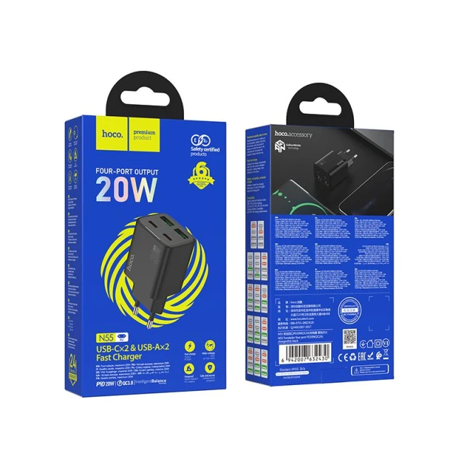 Мережевий зарядний пристрій Hoco N56 2×USB-C + 2×USB-A QC3.0 PD 30W White (6942007659284)