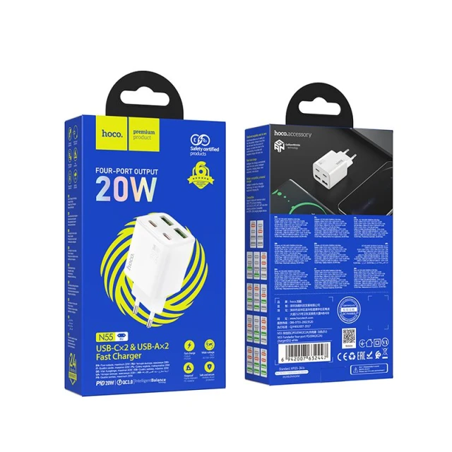 Мережевий зарядний пристрій Hoco N56 2×USB-C + 2×USB-A QC3.0 PD 30W White (6942007659284)