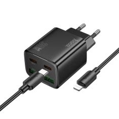 Мережевий зарядний пристрій Hoco N56 2×USB-C + 2×USB-A QC3.0 PD 30W + кабель USB-C to Lightning Black (6942007659291)