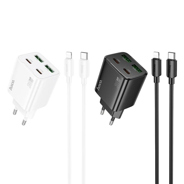Мережевий зарядний пристрій Hoco N56 2x USB C + 2x USB A QC3.0 PD 3A 30W + кабель USB C to Lightning White (6942007659307)