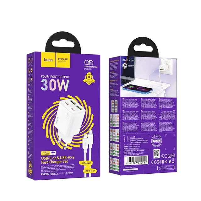 Мережевий зарядний пристрій Hoco N56 2x USB C + 2x USB A QC3.0 PD 3A 30W + кабель USB C to Lightning White (6942007659307)