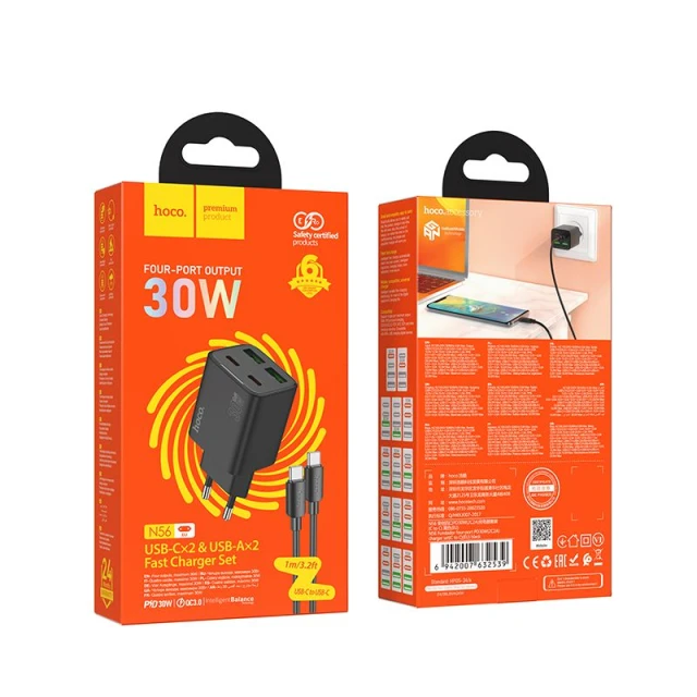 Мережевий зарядний пристрій Hoco N56 2x USB C + 2x USB A QC3.0 PD 3A 30W + кабель USB C to USB C Black (6942007659314)