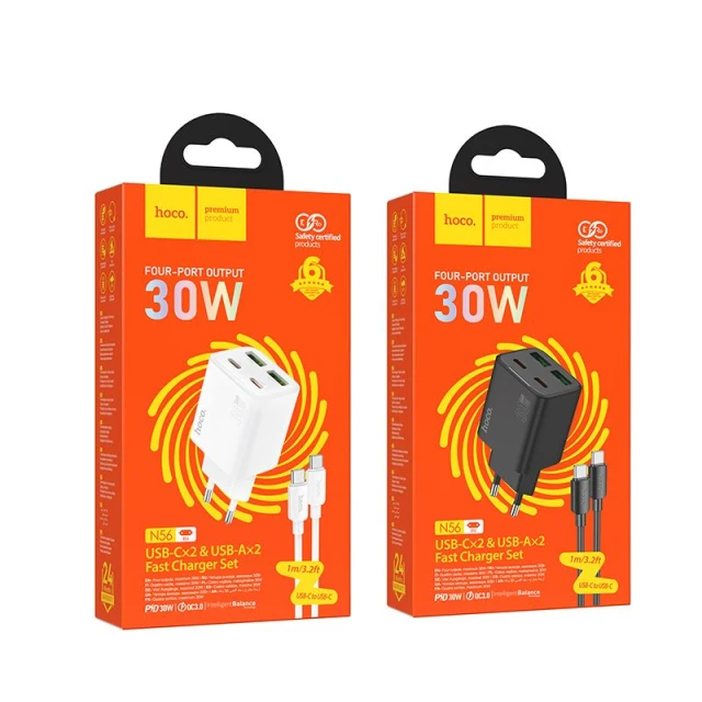 Мережевий зарядний пристрій Hoco N56 2×USB-C + 2×USB-A QC3.0 PD 30W + кабель USB-C to USB-C White (6942007659321)