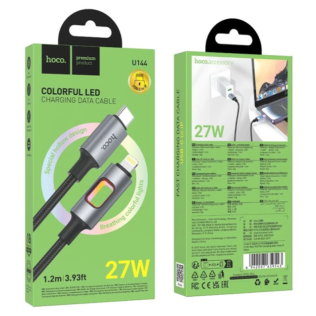 Кабель USB з діодами LED USB C до Lightning Hoco PD 27W 1,2 м U144 Black (6942007659543)
