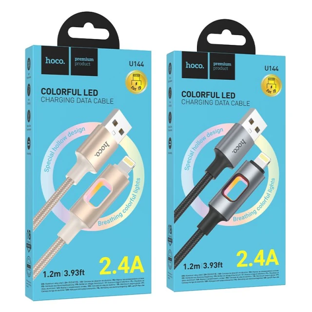Кабель Hoco U144 USB A до Lightning 2.4A 1.2 м з LED Black (6942007659567)