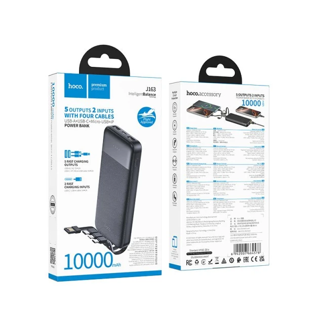 Портативний зарядний пристрій Hoco J163 10000 mAh 2A з вбудованими кабелями USB A + USB C + Lightning + Micro USB Black (6942007664578)