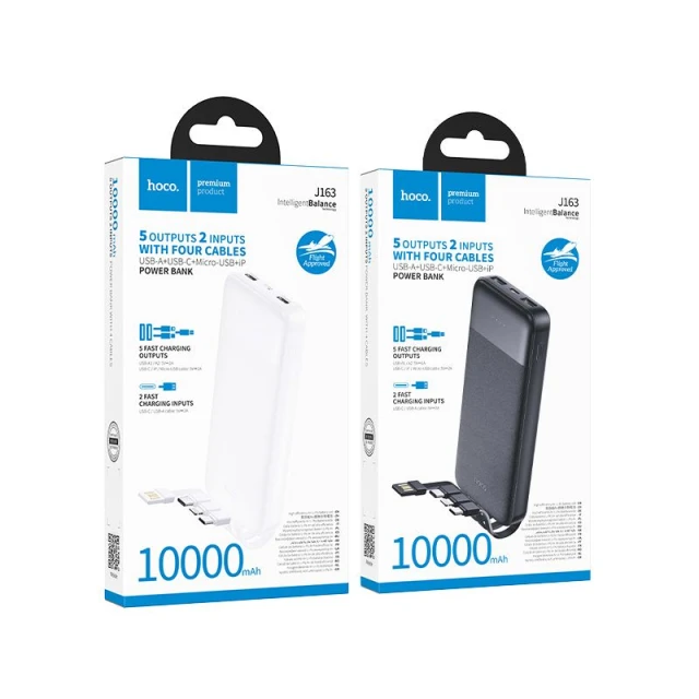 Портативний зарядний пристрій Hoco J163 10000 mAh 2A з чотирма вбудованими кабелями USB A + USB C + Lightning + Micro USB White (6942007664585)