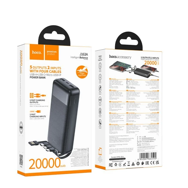 Портативний зарядний пристрій Hoco J163A 20000 mAh 2A з чотирма вбудованими кабелями USB A + USB C + Lightning + Micro USB Black (6942007664592)