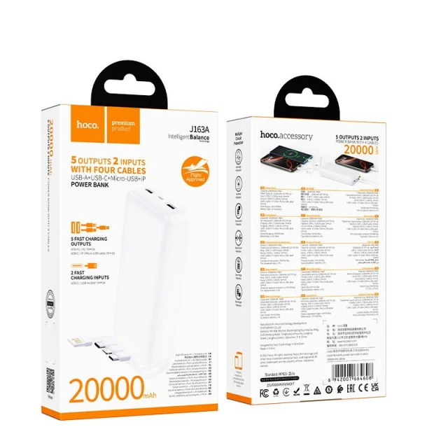 Портативний зарядний пристрій Hoco J163A 20000 mAh 2A з чотирма вбудованими кабелями USB A + USB C + Lightning + Micro USB White (6942007664608)