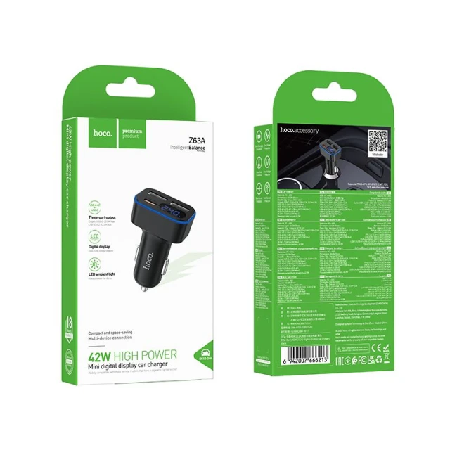 Автомобільний зарядний пристрій Hoco Z63A з LCD 2x USB A + USB C QC3.0 PD 42W Black (6942007666213)