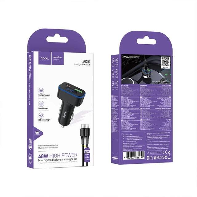 Автомобільний зарядний пристрій Hoco Z63B USB A + USB C QC3.0 PD 48W + кабель USB C до C Black (6942007666251)