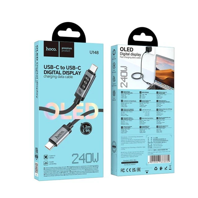 Кабель Hoco U148 USB C to USB C PD 6A 240W 1.2 m з дисплеєм Black (6942007668682)
