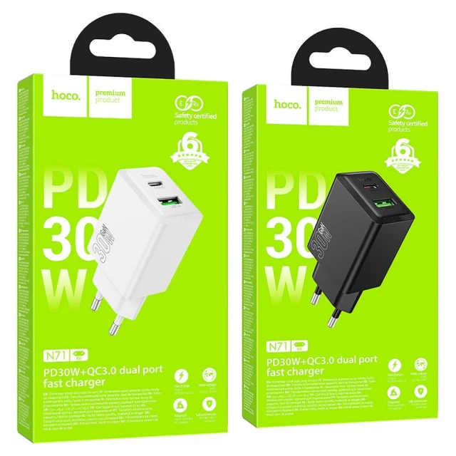 Сетевое зарядное устройство Hoco N71 USB A + USB C QC3.0 PD AFC 30W Black (6942007670913)
