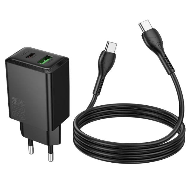 Мережевий зарядний пристрій Hoco N71 USB A + USB C QC3.0 3A 30W + кабель USB C Black (6942007670937)