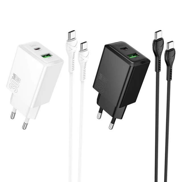 Мережевий зарядний пристрій Hoco N71 USB A + USB C QC3.0 3A 30W + кабель USB C Black (6942007670937)