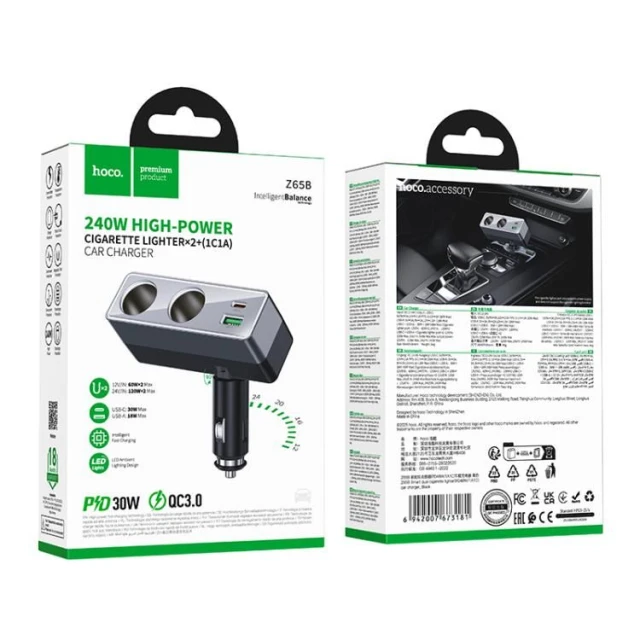Автомобільний зарядний пристрій Hoco Z65B 1xUSB A + 1xUSB C + розгалужувач 2 порти Black (6942007673181)