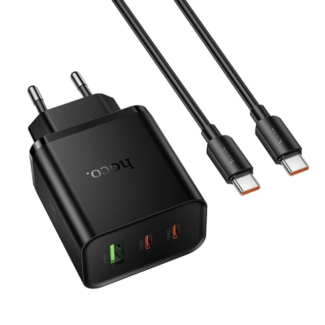 Мережевий зарядний пристрій Hoco N75 2x USB-C + USB-A QC3.0 PD 65W + кабель USB-C Black (6942007673846)