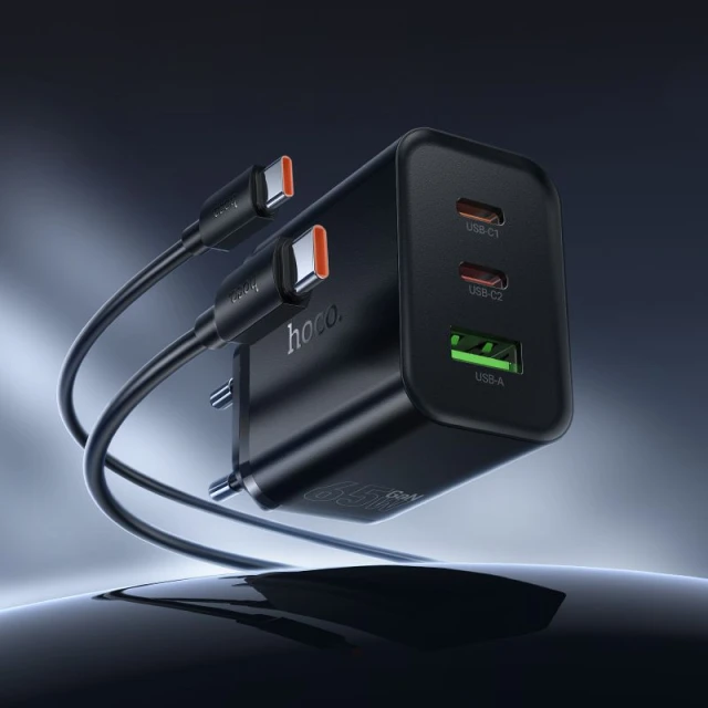 Мережевий зарядний пристрій Hoco N75 2x USB-C + USB-A QC3.0 PD 65W + кабель USB-C Black (6942007673846)