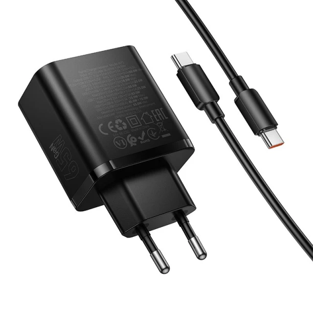 Мережевий зарядний пристрій Hoco N75 2x USB-C + USB-A QC3.0 PD 65W + кабель USB-C Black (6942007673846)