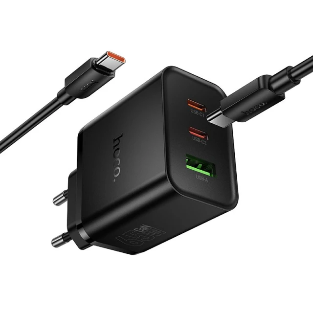 Мережевий зарядний пристрій Hoco N75 2x USB-C + USB-A QC3.0 PD 65W + кабель USB-C Black (6942007673846)