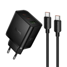 Мережевий зарядний пристрій Hoco N75 2x USB-C + USB-A QC3.0 PD 65W + кабель USB-C Black (6942007673846)