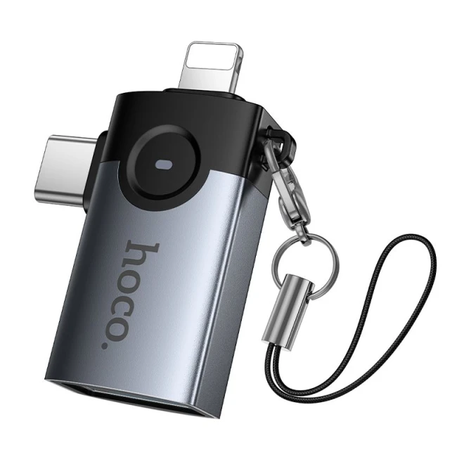 Переходник Hoco UA46E Victory OTG 2в1 Lightning/USB-C на USB-A Grey (6942007675666)