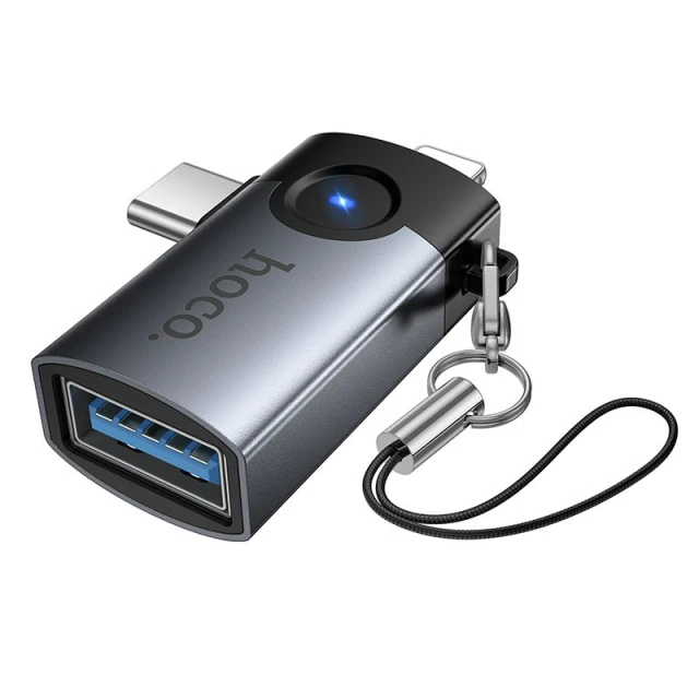 Переходник Hoco UA46E Victory OTG 2в1 Lightning/USB-C на USB-A Grey (6942007675666)