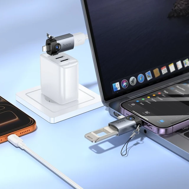 Переходник Hoco UA46E Victory OTG 2в1 Lightning/USB-C на USB-A Grey (6942007675666)
