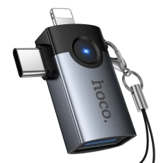 Переходник Hoco UA46E Victory OTG 2в1 Lightning/USB-C на USB-A Grey (6942007675666)