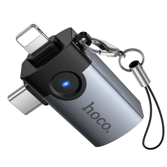 Переходник Hoco UA46E Victory OTG 2в1 Lightning/USB-C на USB-A Grey (6942007675666)