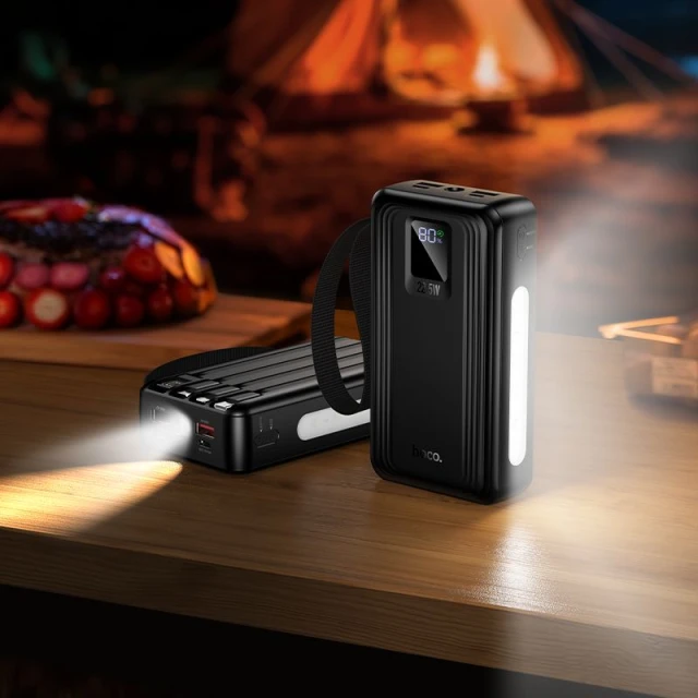 Powerbank Hoco 20000 mAh QC PD 22,5W з вбудованими кабелями USB A + USB C + Lightning + Micro USB та двома ліхтариками J173 Black (6942007680462)