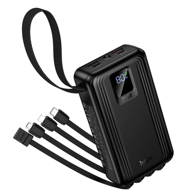 Powerbank Hoco 20000 mAh QC PD 22,5W з вбудованими кабелями USB A + USB C + Lightning + Micro USB та двома ліхтариками J173 Black (6942007680462)
