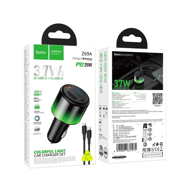 Автомобільний зарядний пристрій Hoco Z69A USB A + 2x USB C QC3.0 PD 37W + кабель USB C до C Black (6942007681575)