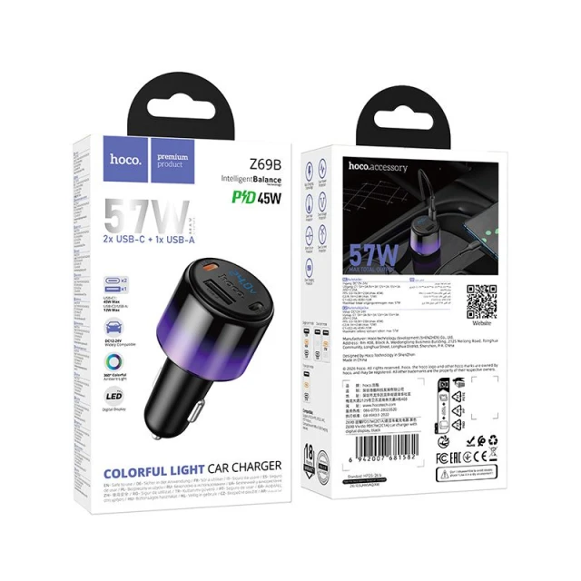 Автозарядка HOCO Z69B USB A + 2x USB C QC3.0 PD 57W Black (6942007681582)