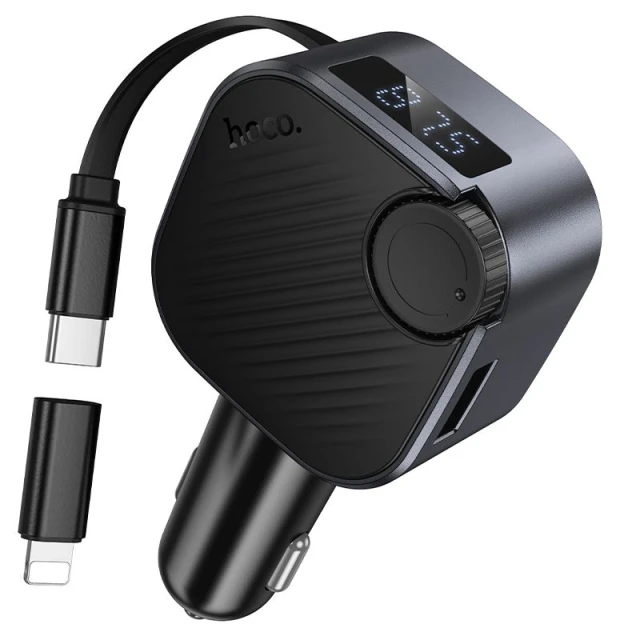 Автозарядка HOCO E167 USB A + USB C QC3.0 PD 45W зі згортаючим кабелем і FM-трансмітером Black (6942007685955)