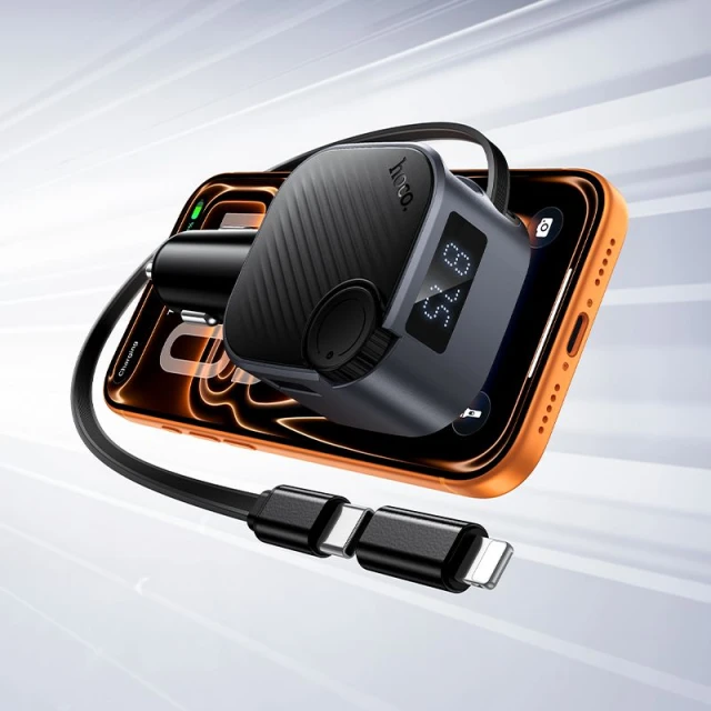 Автозарядка HOCO E167 USB A + USB C QC3.0 PD 45W зі згортаючим кабелем і FM-трансмітером Black (6942007685955)