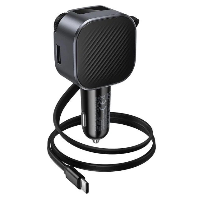 Автозарядка HOCO E167 USB A + USB C QC3.0 PD 45W зі згортаючим кабелем і FM-трансмітером Black (6942007685955)