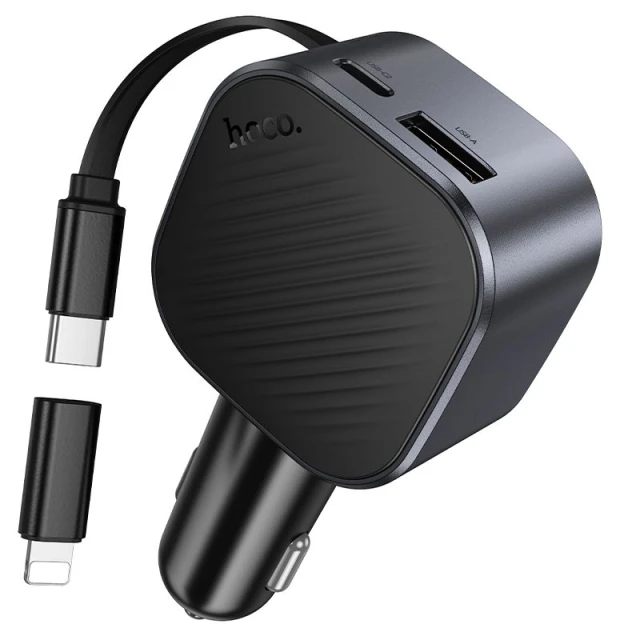 Автозарядка HOCO Z68 USB A + USB C QC3.0 PD 45W зі згортаючим кабелем USB C Black (6942007685962)