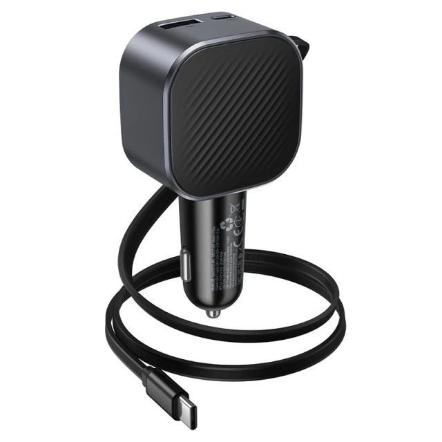 Автозарядка HOCO Z68 USB A + USB C QC3.0 PD 45W зі згортаючим кабелем USB C Black (6942007685962)