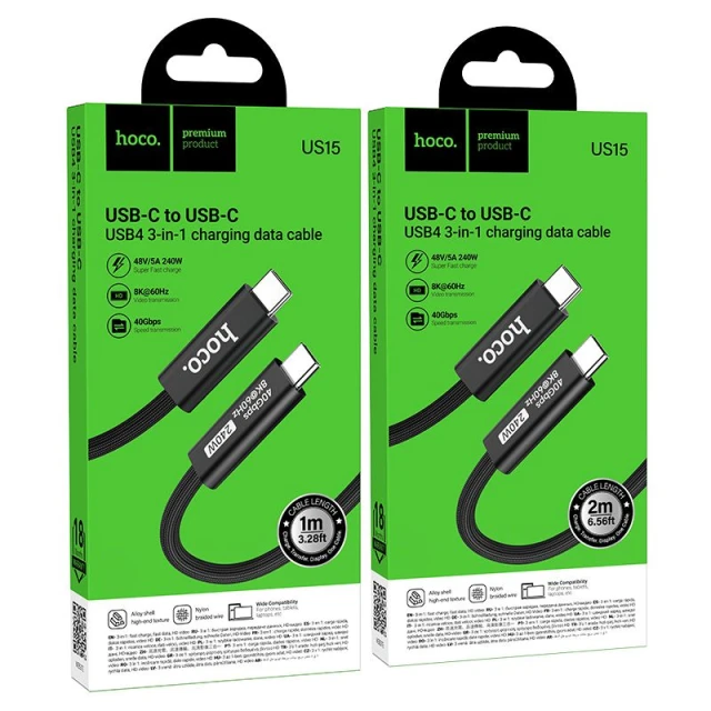 Кабель HOCO US15 USB C to USB C USB4 40Gbps/8K60Hz 5A 240W 1м Black (6942007687409)