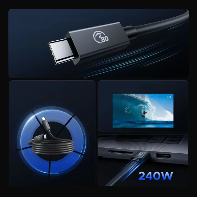 Кабель Orico USB4 Thunderbolt 5 80Gbps 240W USB-C 1м Black (6942227173218)