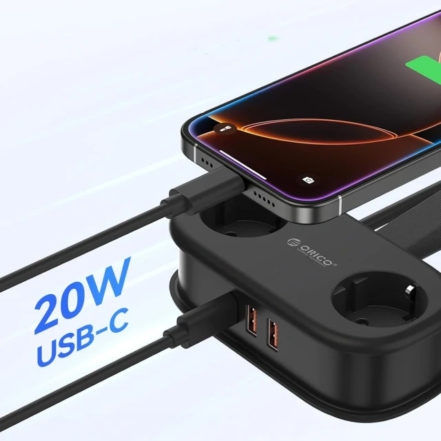Розетка електрична Orico AP3 20W GaN 2x AC + 2x USB-A + 1x USB-C Black (6942227174512)