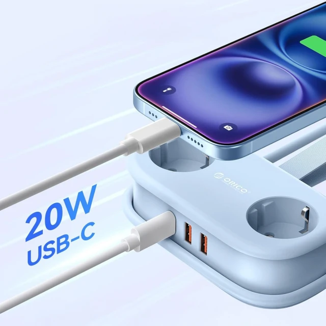 Сетьова розетка Orico AP3 20W GaN 5в1 2x AC 2x USB-A 1x USB-C Blue (6942227174536)