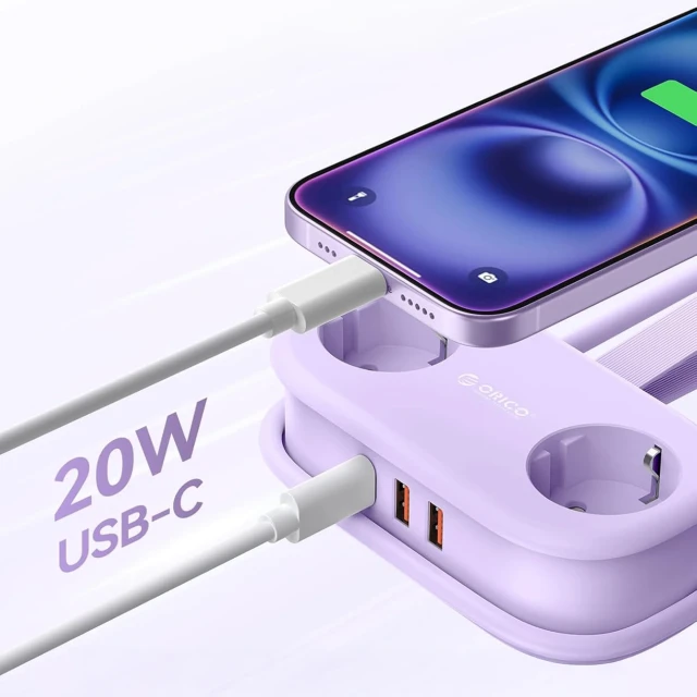 Мережева розетка Orico AP3 20W GaN 5в1 2xAC+2xUSB-A+1xUSB-C Purple (6942227174543)