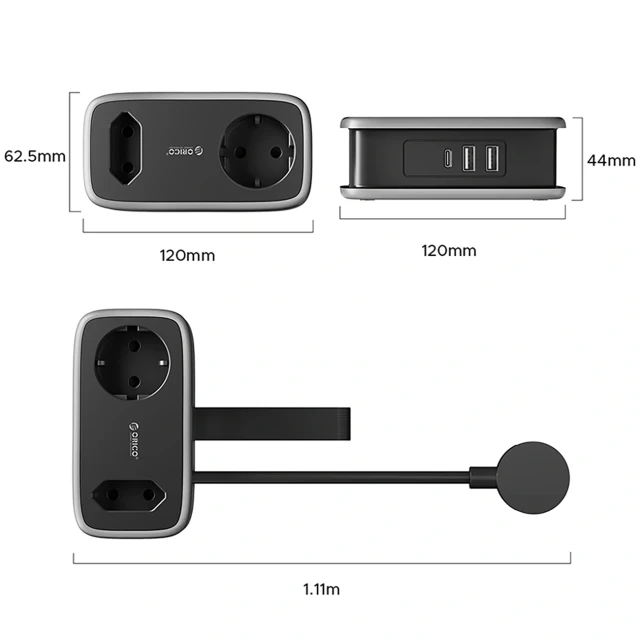 Розетка Orico APP 15.5W 5в1 2x AC + 2x USB-A + 1x USB-C Black (6942227174598)