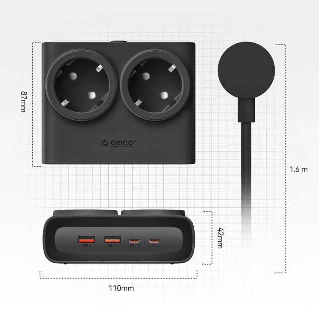 Розетка електрична Orico PDC25 25W 2x AC + 2x USB-A + 2x USB-C Black (6942227174611)
