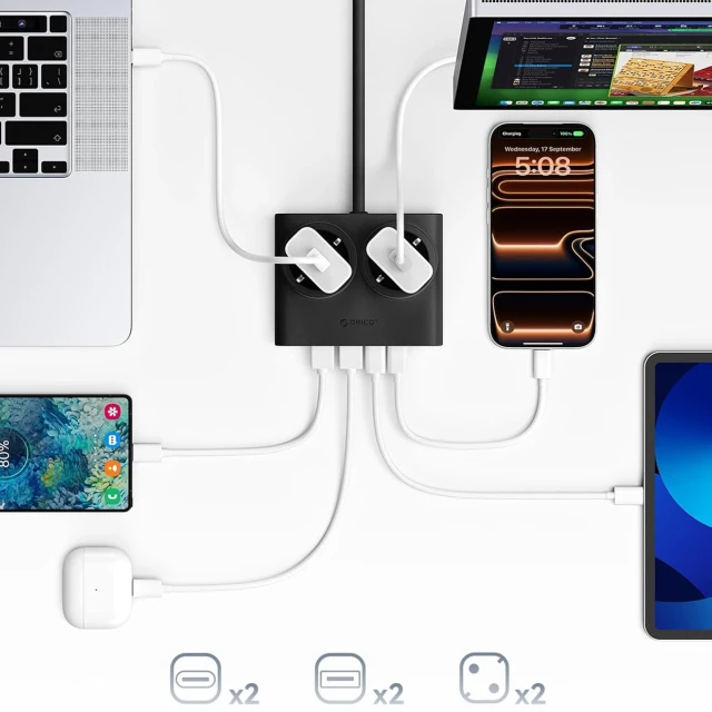 Розетка електрична Orico PDC25 25W 2x AC + 2x USB-A + 2x USB-C Black (6942227174611)