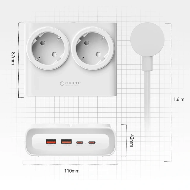Розетка мережевої фільтр Orico PDC25 25W 6в1 2x AC 2x USB-A 2x USB-C White (6942227174628)